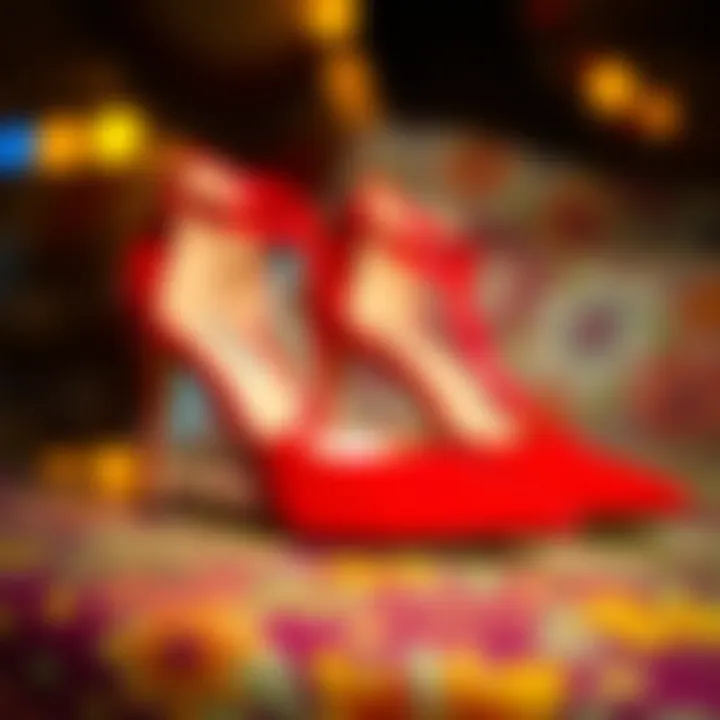 Vibrant red high heels in size 13 displayed on a colorful surface