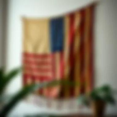 An artistic representation of the American flag depicted in a unique tapestry design hanging on a wall.