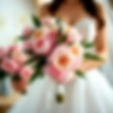 Artificial peony bridal bouquet styled with wedding dress