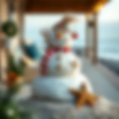 Sandman decorated like a snowman with beach elements