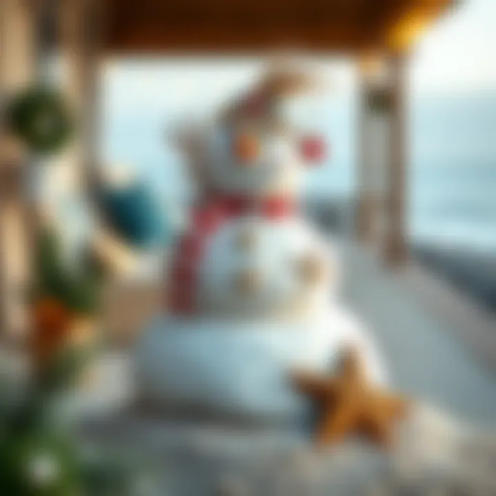 Sandman decorated like a snowman with beach elements