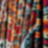 A vibrant bohemian textile display showcasing intricate patterns