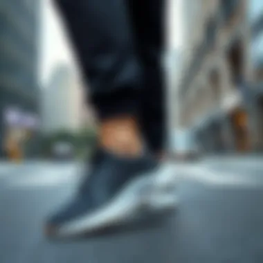 Comfort Testing in Urban Environments An individual testing the comfort level of walking sneakers on a city street.