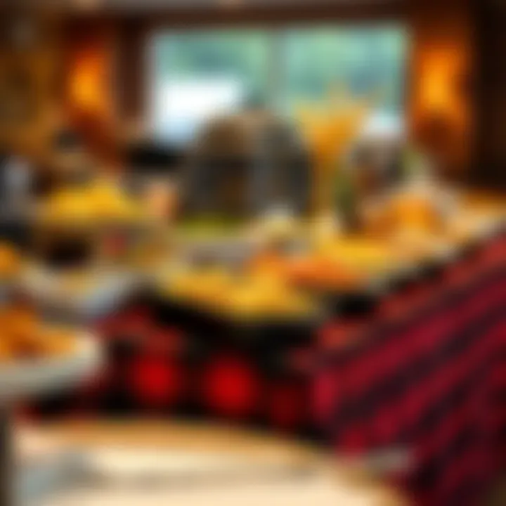 Stylish buffet setup with various dishes on a buffalo plaid table cover, creating an inviting atmosphere.