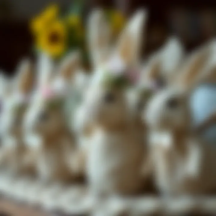 Close-up of burlap bunnies adorned with floral accents
