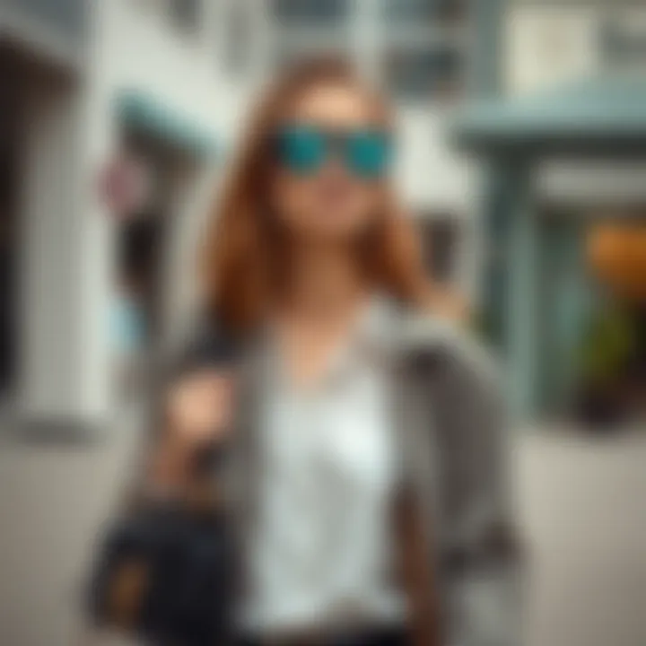 A stylish individual wearing a character purse in a modern urban setting, highlighting fashion trends