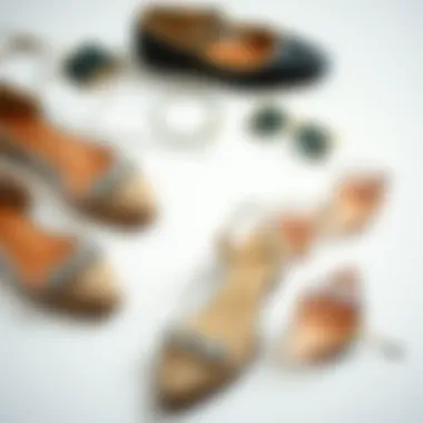 Versatile Styling Inspirations Flat lay arrangement of various styling options featuring clear flat shoes with rhinestones.