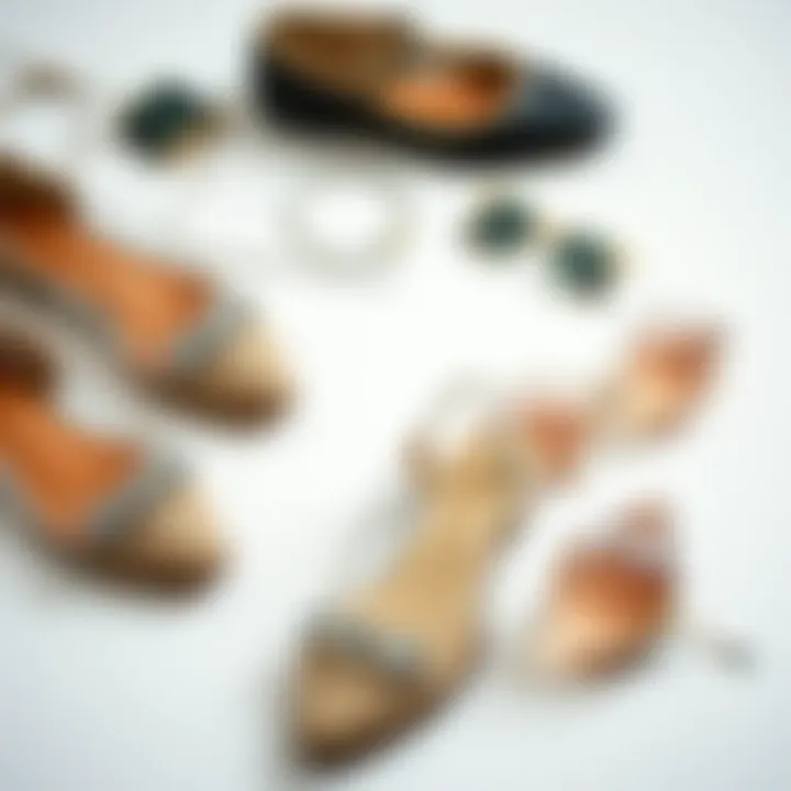 Versatile Styling Inspirations Flat lay arrangement of various styling options featuring clear flat shoes with rhinestones.