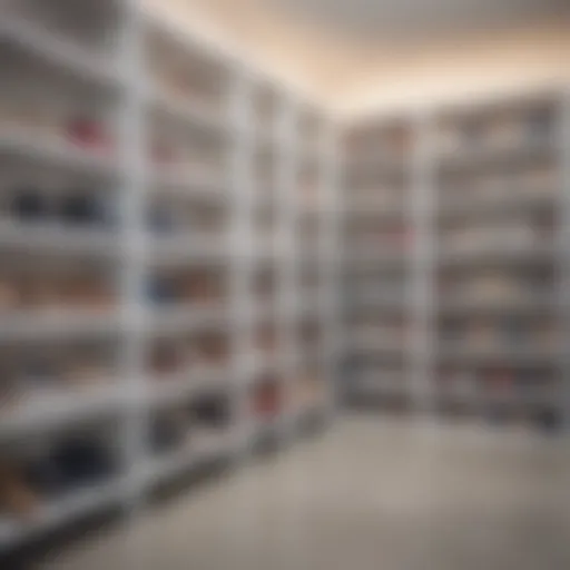 A well-organized collection of clear shoe storage boxes displaying various styles of footwear.