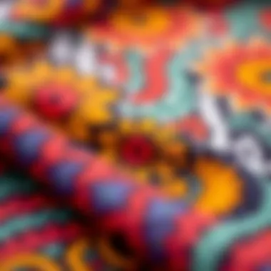 Close-up of a fabric swatch featuring a striking pattern and rich colors.