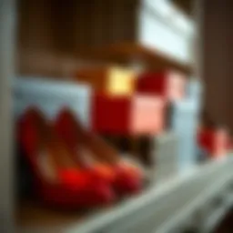 Elegant shoe boxes arranged neatly on a shelf