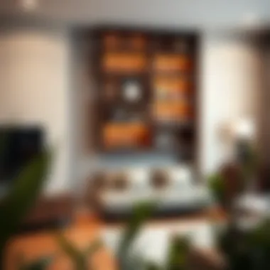 Stylish dark wood corner shelf in a modern living room