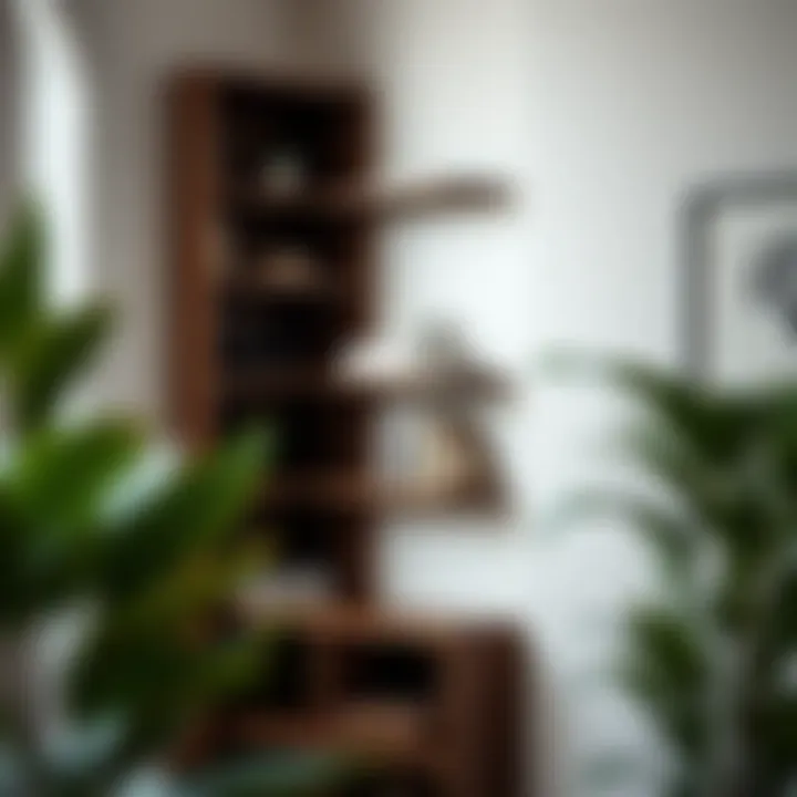 Dark wood corner shelf used as a practical storage solution