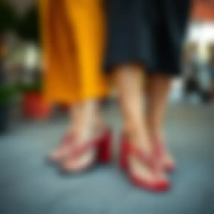 Fashionable high flip flops paired with contemporary outfits