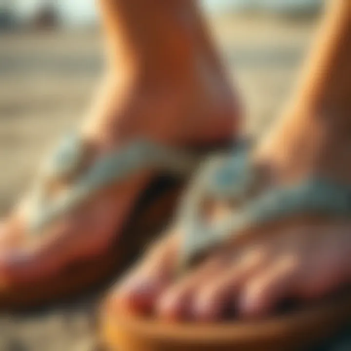 Close-up of intricate design details on high flip flops