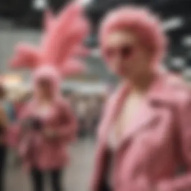 A group of cosplayers embodying the Doflamingo persona at a convention.