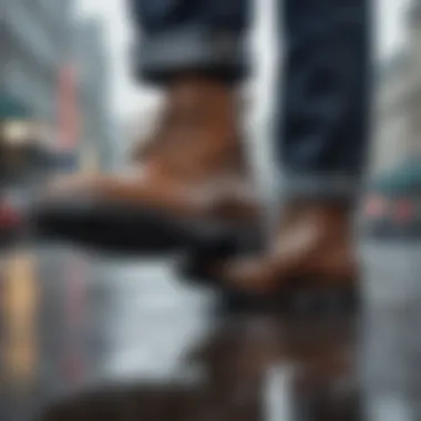 Grip sole design displayed against a rainy backdrop