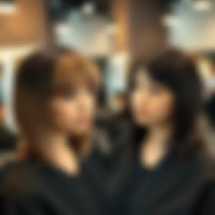 A side-by-side comparison of different types of 3D clip-in bangs in salon setting