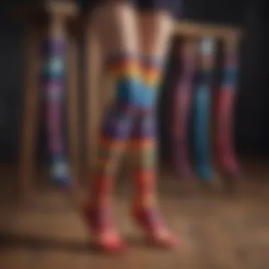 A stylish array of colorful over-the-knee socks displayed artistically on a wooden surface.