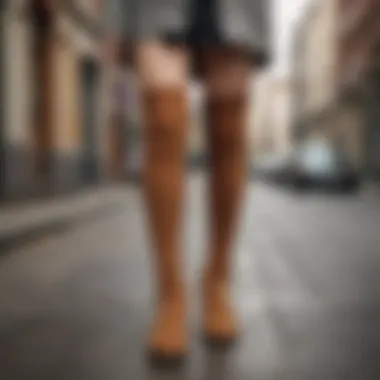 Close-up of a person wearing over-the-knee socks with a trendy outfit in an urban setting.