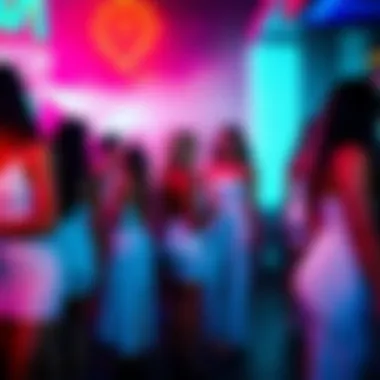 A vibrant nightlife scene featuring individuals in white dresses