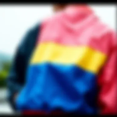 Close-up of a stylish jacket featuring the bisexual flag colors