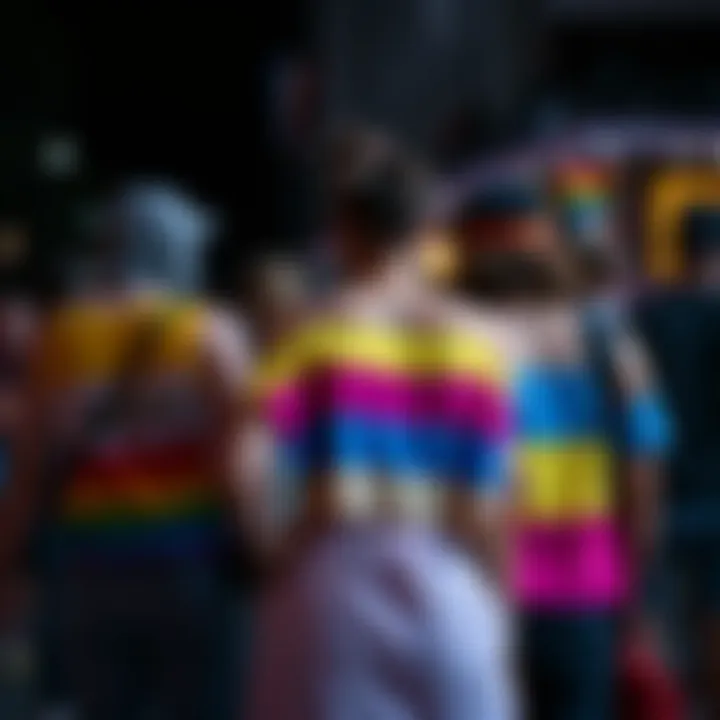 A group of individuals wearing clothing with the bisexual flag design at a pride event