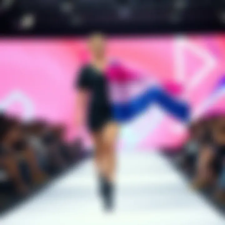 Artistic representation of the bisexual flag blended into a fashion runway scene