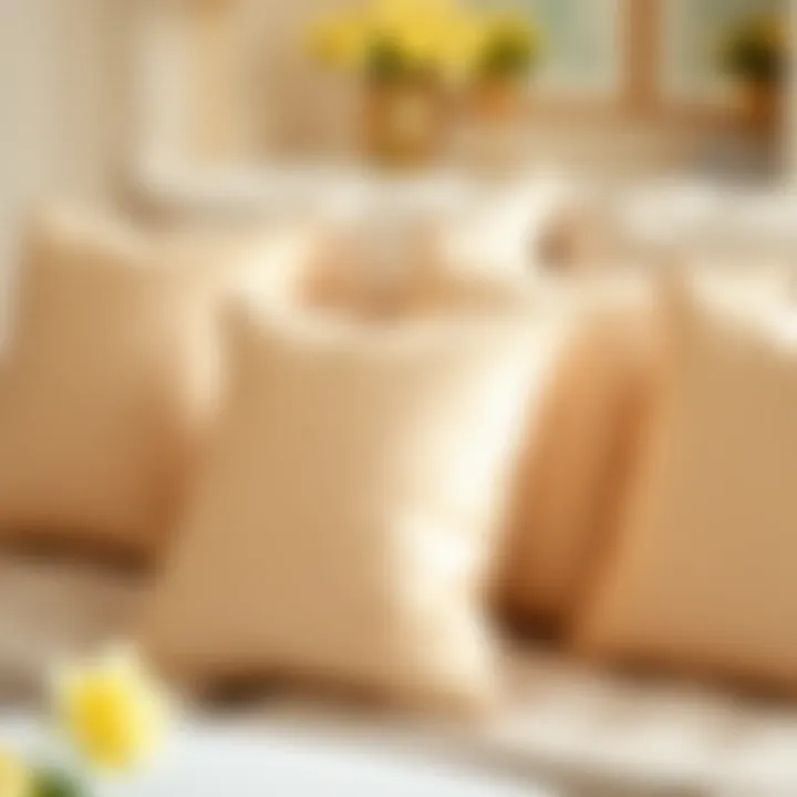 Luxurious champagne pillow covers elegantly arranged on a sofa