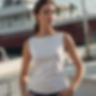 Model showcasing the boat neck tank top in a fashion-forward setting