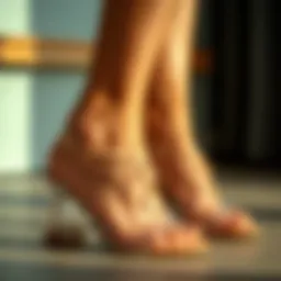 Elegant clear small heel sandals showcasing intricate design