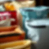 A variety of cloth storage bags with zippers in different colors and patterns neatly arranged.