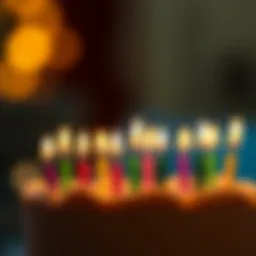 Vibrant colored flame birthday candles illuminating a cake