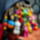 Colorful assortment of unique keychains hanging from a stylish backpack