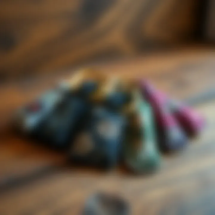 Trendy fabric keychains with intricate designs displayed on a wooden surface