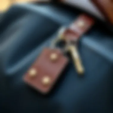 Minimalist aesthetic keychain made of metal and leather on a modern backpack