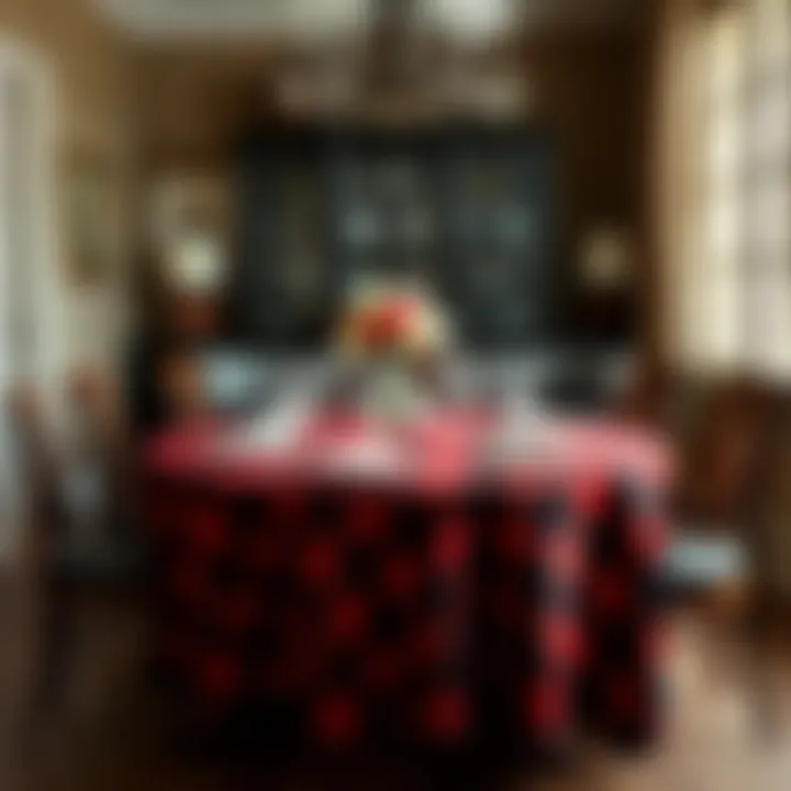 A beautifully set dining table adorned with a buffalo plaid table cover, showcasing elegance and style.