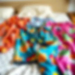 Colorful patterns of funny pajama pants laid out on a bed