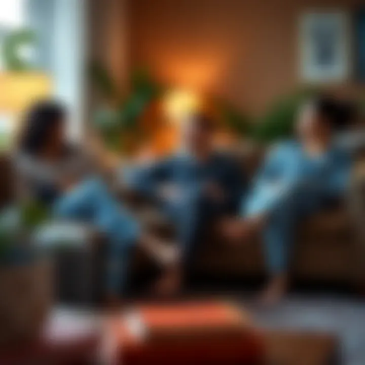 Relaxation in Style: The Comfort of Funny Pajama Pants A cozy living room scene featuring adults relaxing in humorous pajama pants