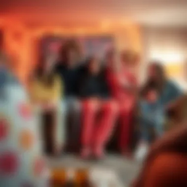 Fun Gatherings: Pajama Pants as a Fashion Statement A gathering of friends showcasing their funny pajama pants during a movie night