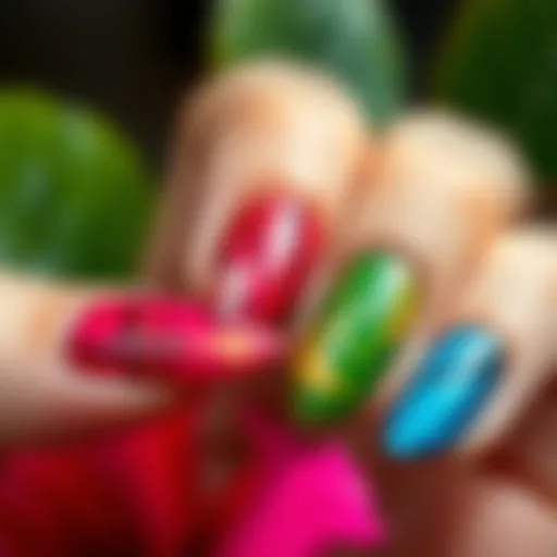 Intricate Hibiscus Nail Sticker Designs Close-up view of intricate hibiscus nail sticker designs showcasing vibrant colors and patterns.