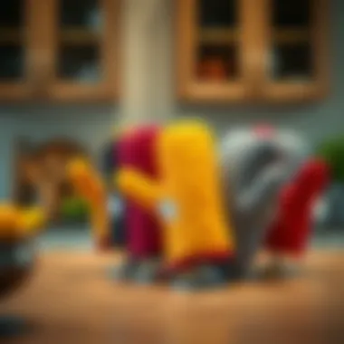 Elegant Kitchen Display Colorful array of insulated oven mitts displayed elegantly on a kitchen countertop