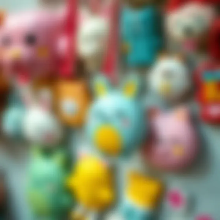 A close-up of kawaii decorations featuring whimsical designs and bright hues