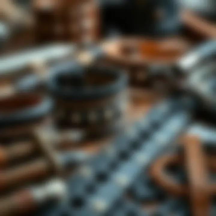 Close-up of materials used in crafting leather studded bracelets