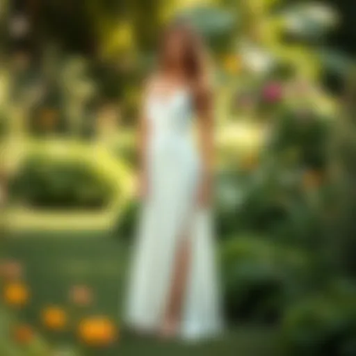 Elegant long summer dress with side slit in a garden setting