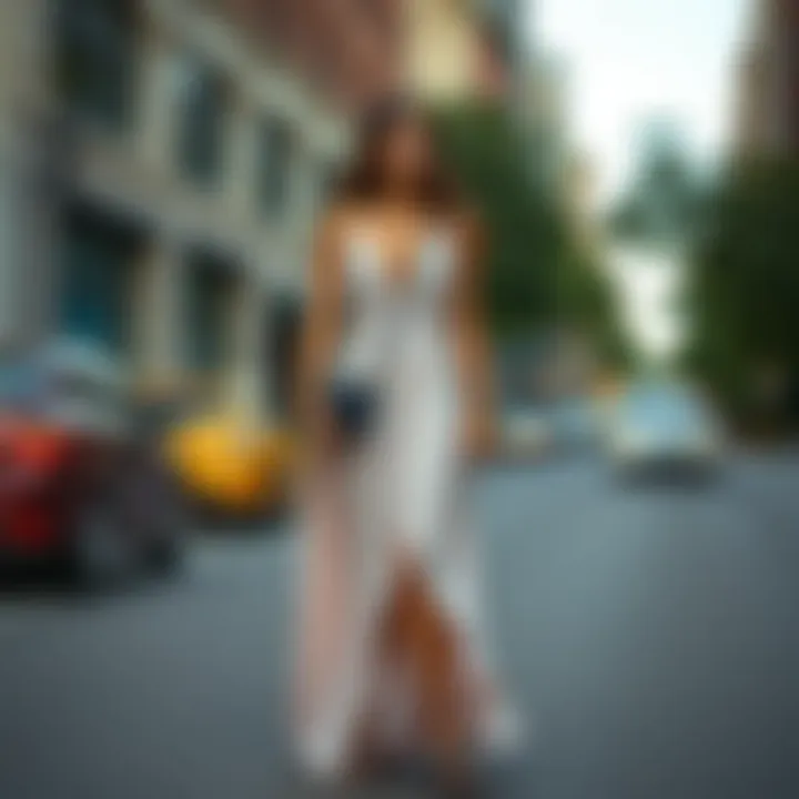 Fashionable long summer dress paired with accessories on a city street