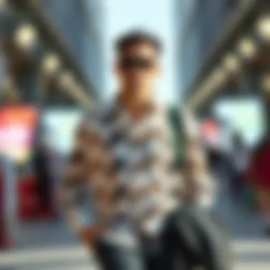 Fashionable outfit featuring a cat button-up shirt styled with accessories