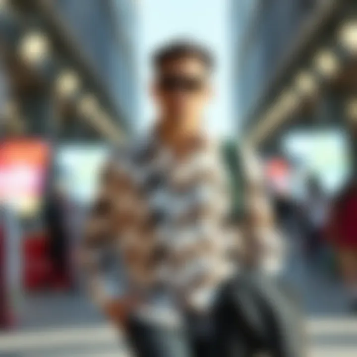 Fashionable outfit featuring a cat button-up shirt styled with accessories