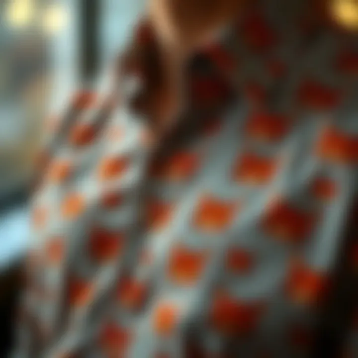 Close-up of unique patterns on a cat button-up shirt