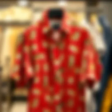 Vibrant cat-themed button-up shirt displayed on a hanger